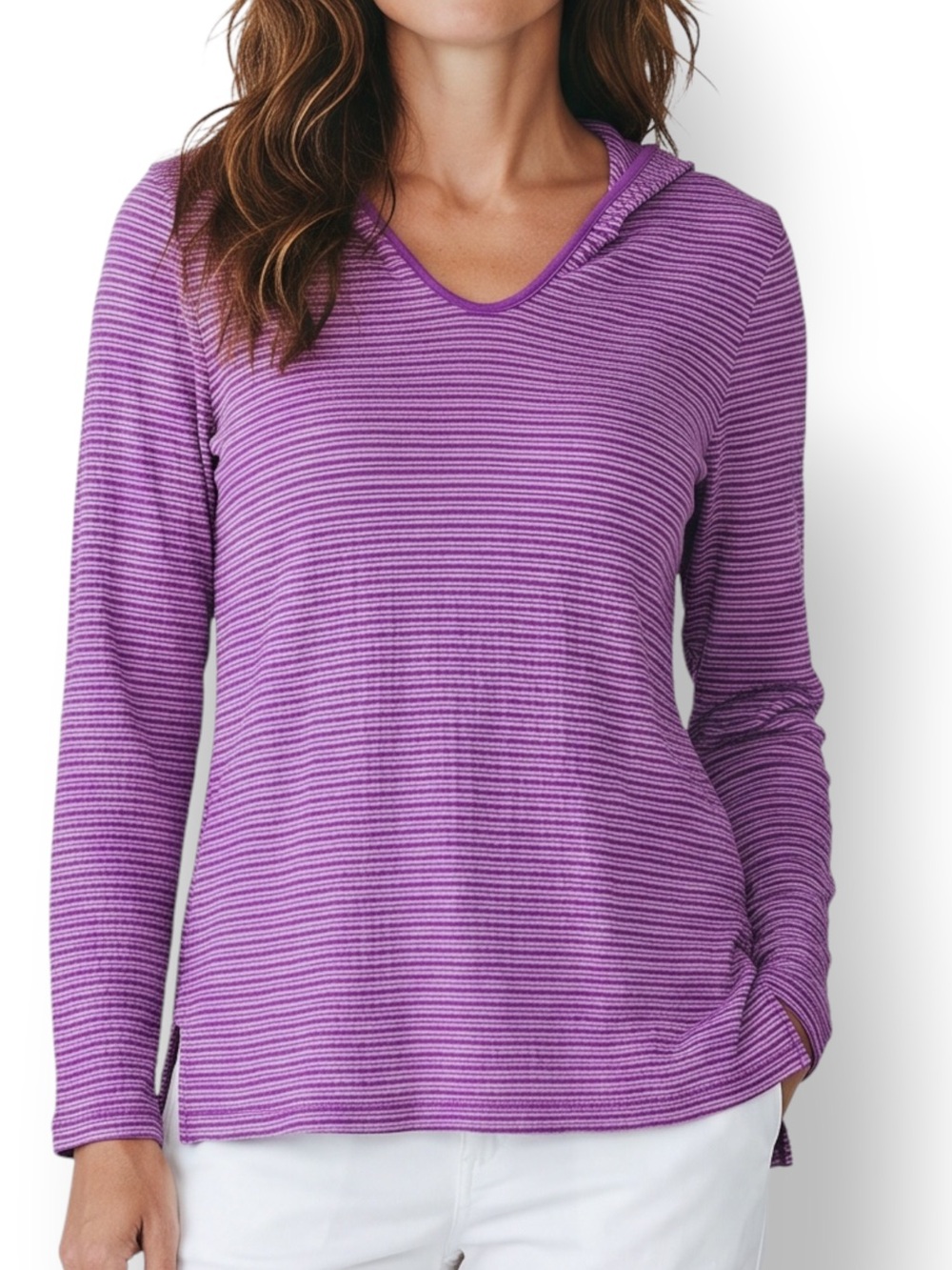 4/$20 Eddie Bauer Purple Striped Hooded Tunic Top Large Long Sleeve Stretch